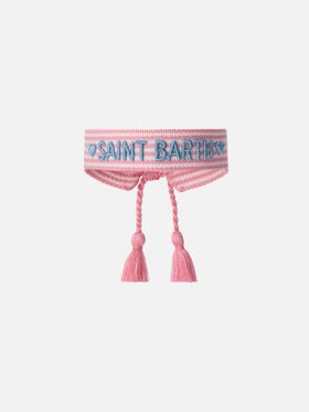 Fabric bracelet with pink stripes and embroidery
