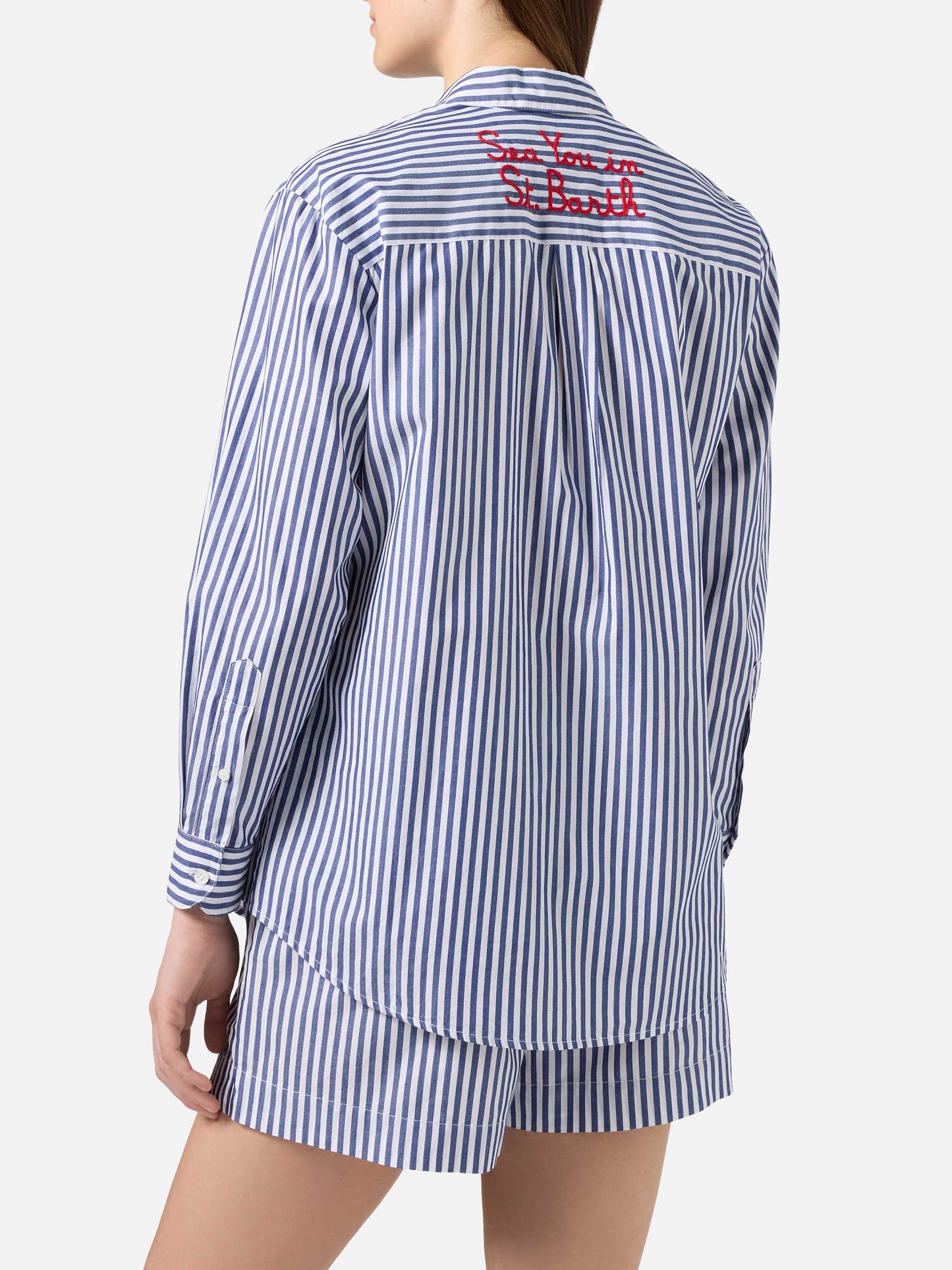 Brigitte shirt with blue stripes and See You In Saint Barth embroidery