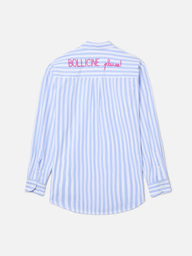 Brigitte cotton shirt with light blue stripes and Bollicine Please! Embroidery
