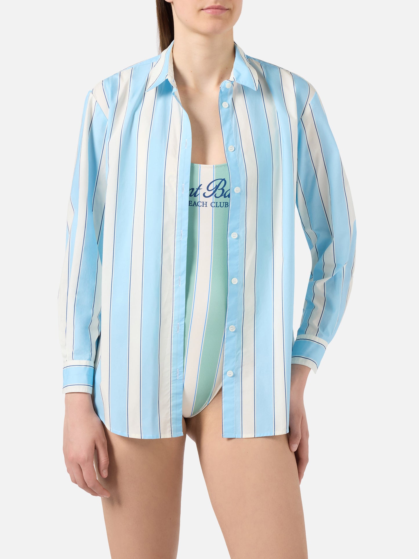 Brigitte cotton shirt with light blue stripes and Sport Club embroidery