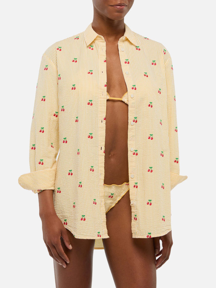 Brigitte striped-print seersucker shirt with Saint Barth embroidery