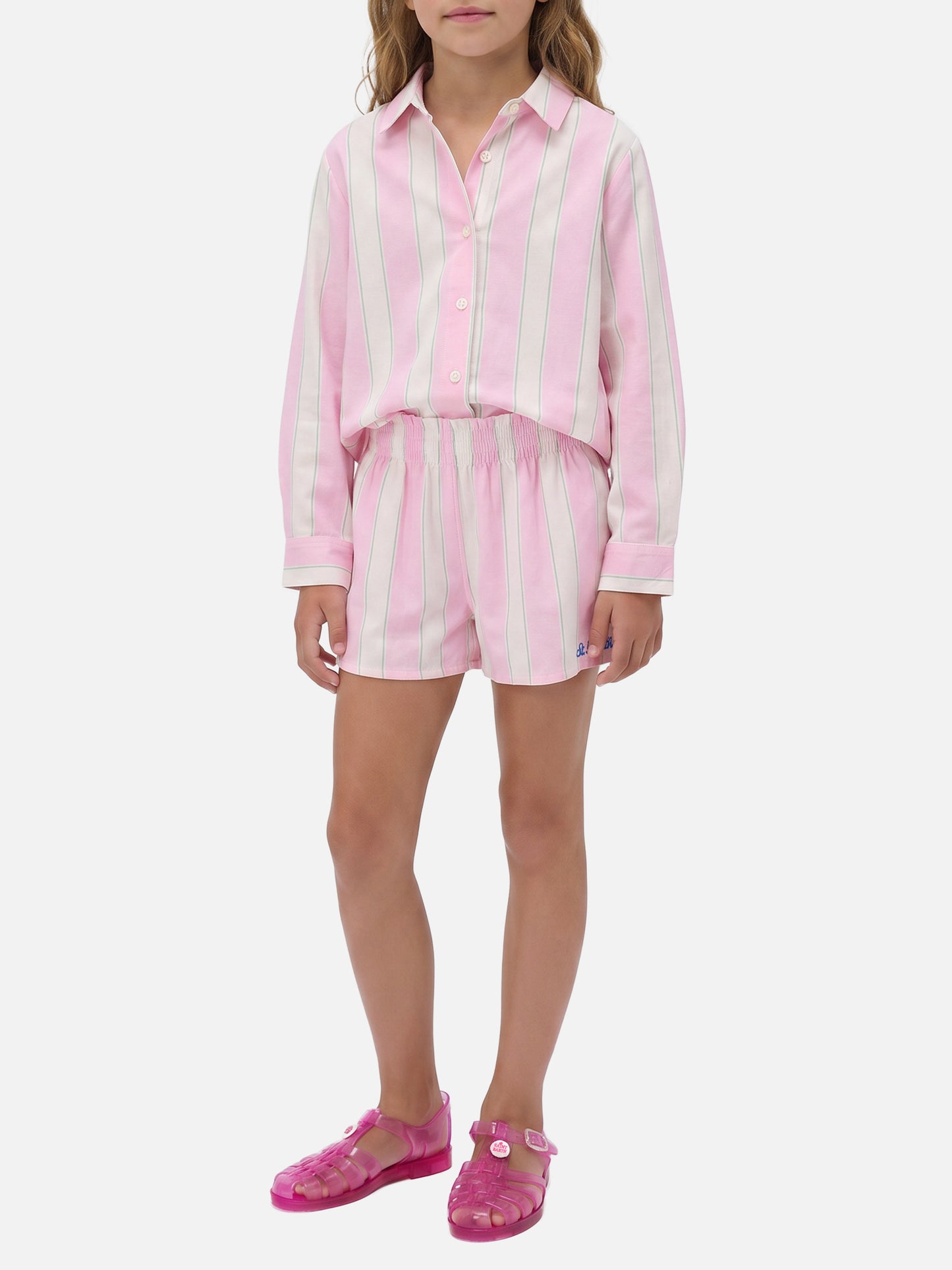 Chemise Mini Brigitte en popeline de coton rayée blanche, rose et verte 