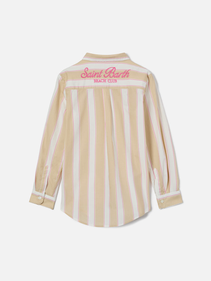 Chemise Mini Brigitte en popeline de coton rayée beige, blanc et rose 