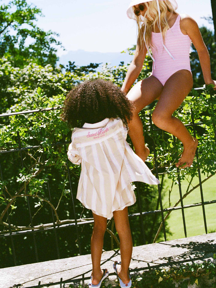 Chemise Mini Brigitte en popeline de coton rayée beige, blanc et rose 