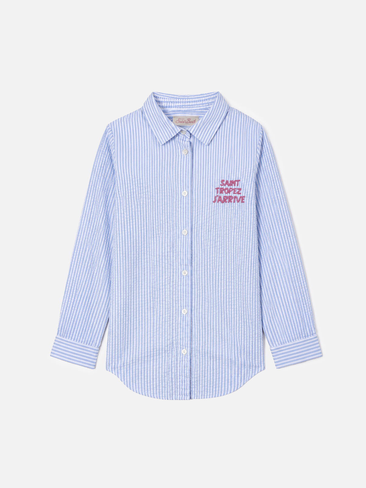 Light blue Mini Brigitte seersucker shirt with Tropez j'arrive embroidery