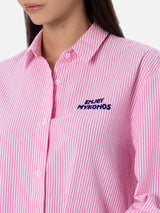 Woman striped seeruscker cotton over shirt Brigitte with front and back Mykonos embroidery