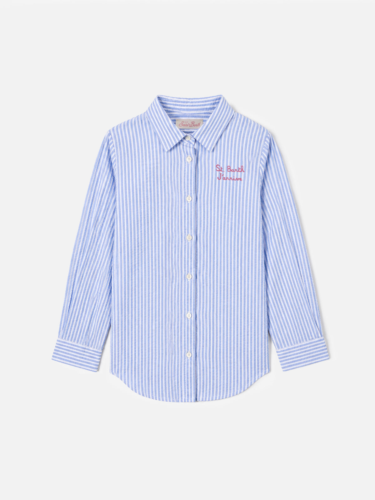 Camicia Mini Brigitte in seersucker a righe azzurre con stampa Snoopy | SNOOPY PEANUTS® SPECIAL EDITION