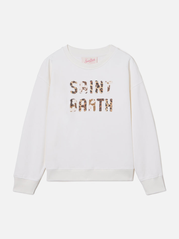 Briony Crewneck Sweatshirt in white with leopard patch