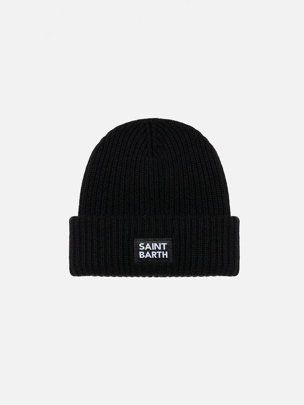 Kid black ribbed beanie Berry with Saint Barth patch