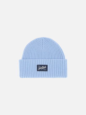 Berry Jr ribbed cashmere-blend beanie in light blue with St. Barth embroidery