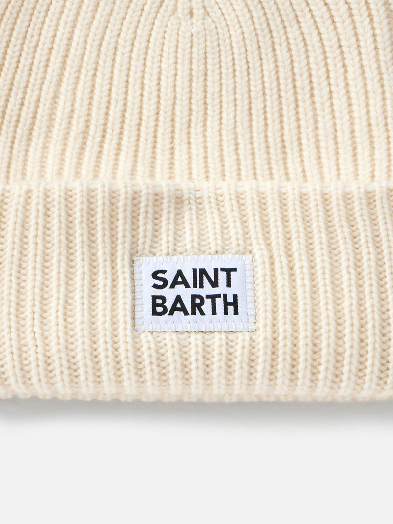 Woman white ribbed beanie Berry with St. Barth patch