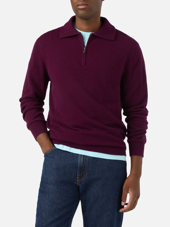 Jersey de cachemir Burgundy Buck con media cremallera 