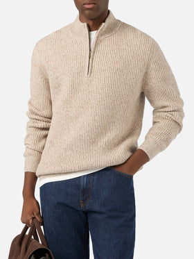 Pull demi-zip en laine Buck beige avec côtes mouliné 