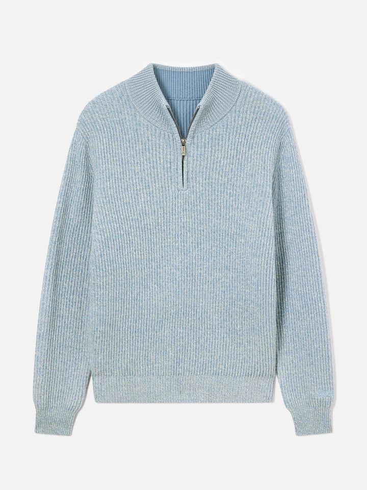 Pull en laine Buck blue légère à demi-zip avec côtes moulinées 