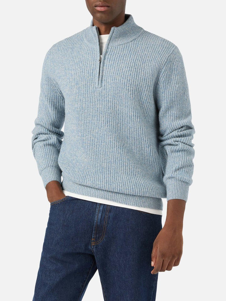 Light blue Buck wool half zip knit with mouliné rib