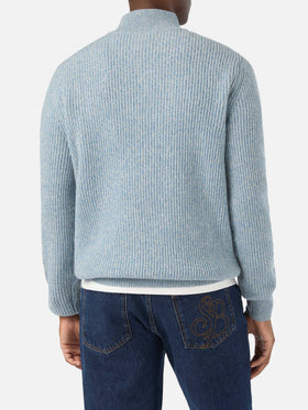 Maglia Buck azzurra in lana con mezza zip e costina mouliné