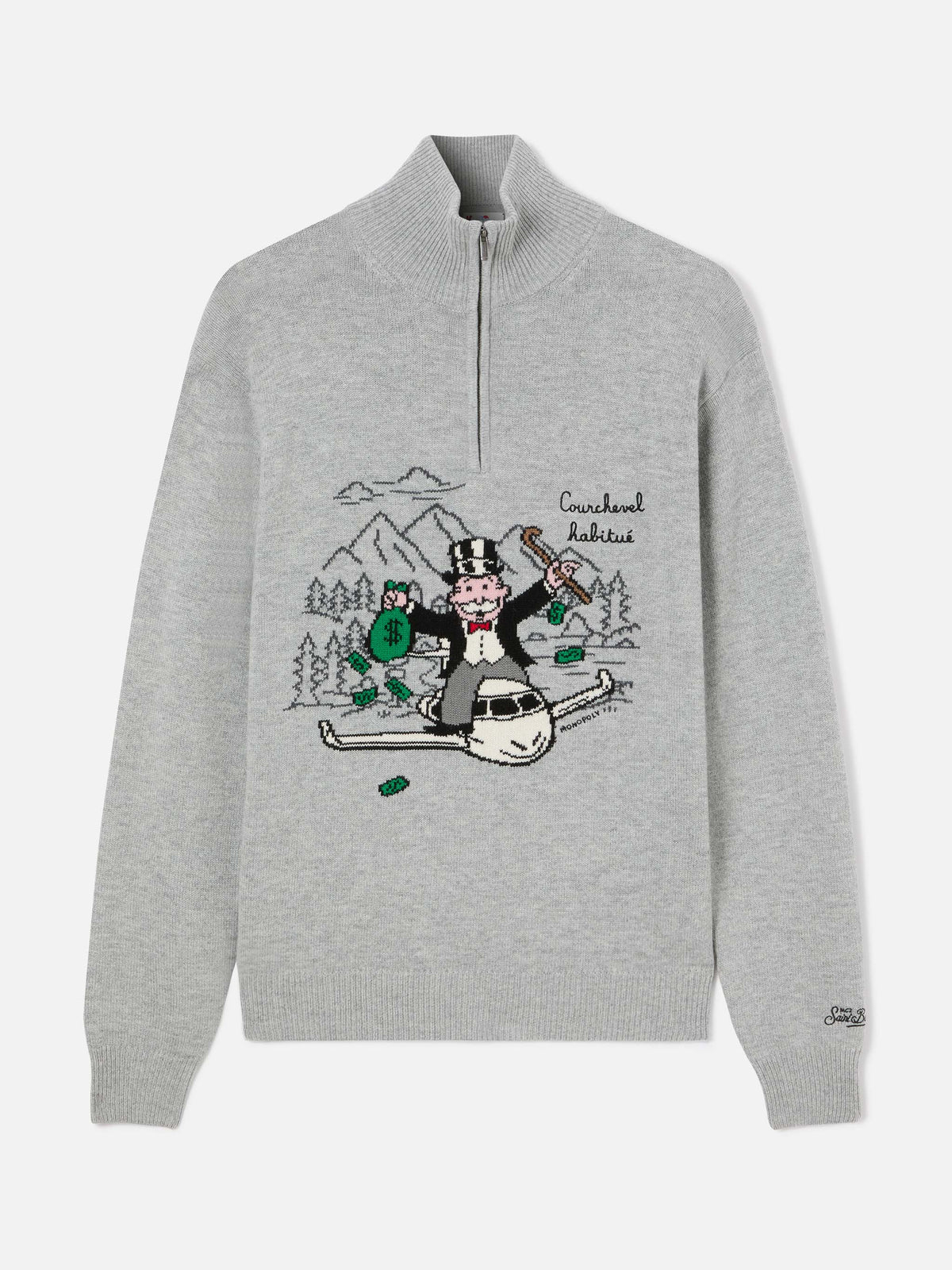 Pull en maille Buck gris à demi-zip avec intarsia et broderie Monopoly | Special edition 