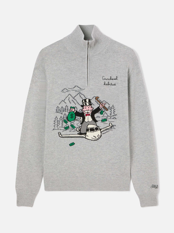 Grey Buck half zip knit with Monopoly intarsia and embroidery | Special edition