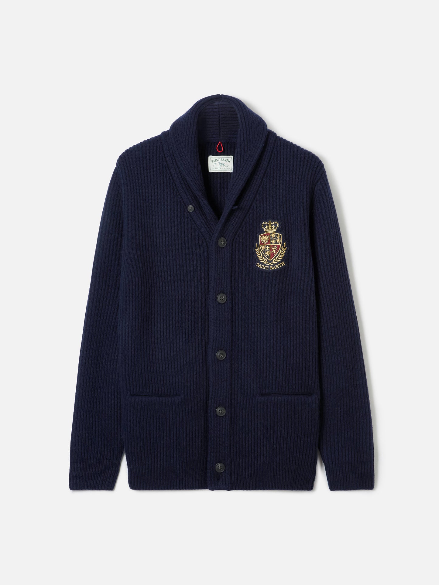 Man shawl collar blue ribbed cardigan with pockets and patch