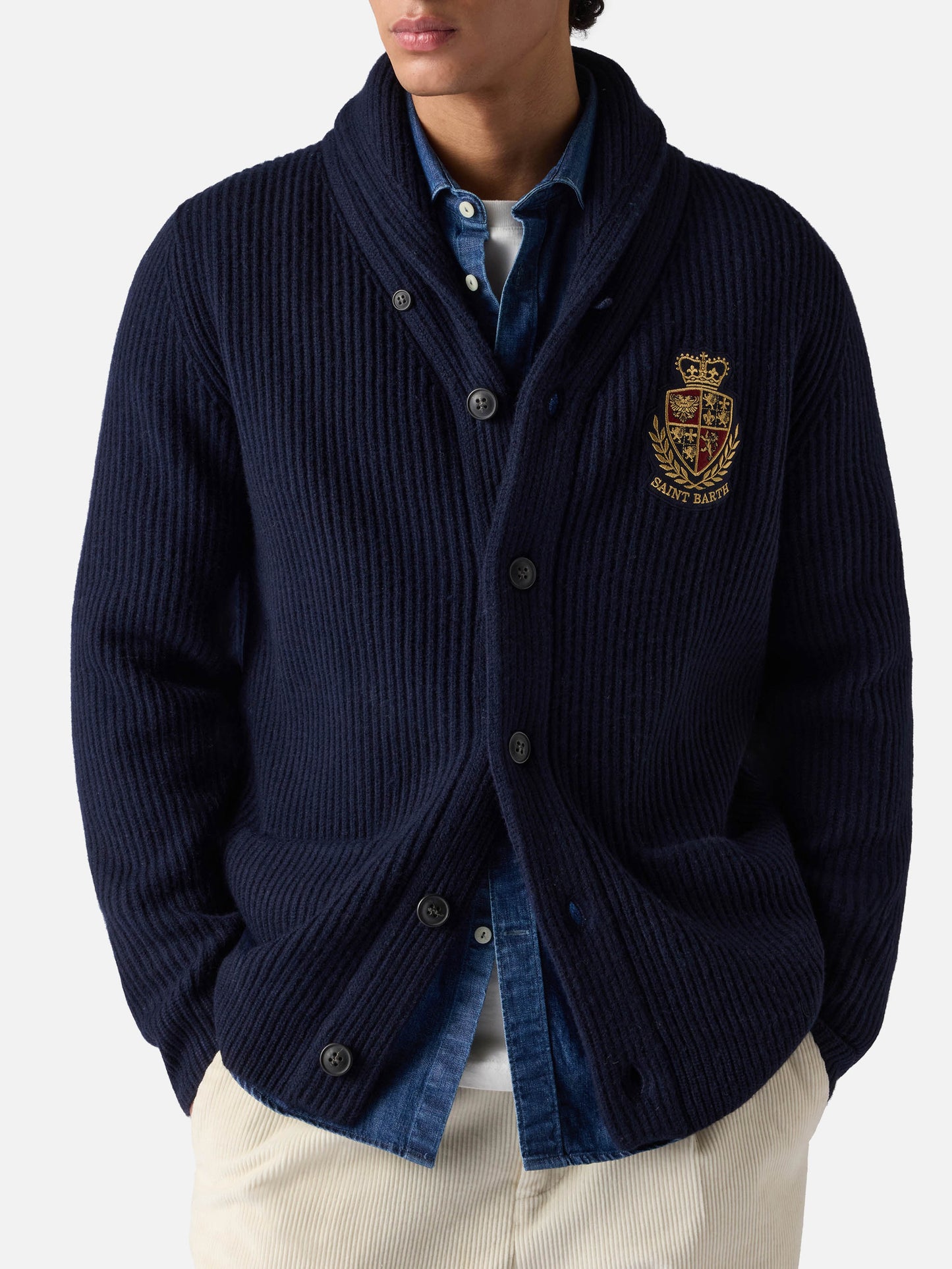 Man shawl collar blue ribbed cardigan with pockets and patch