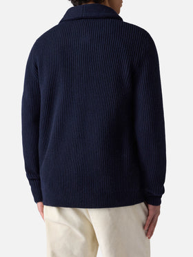 Man shawl collar blue ribbed cardigan with pockets and patch