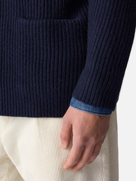 Man shawl collar blue ribbed cardigan with pockets and patch