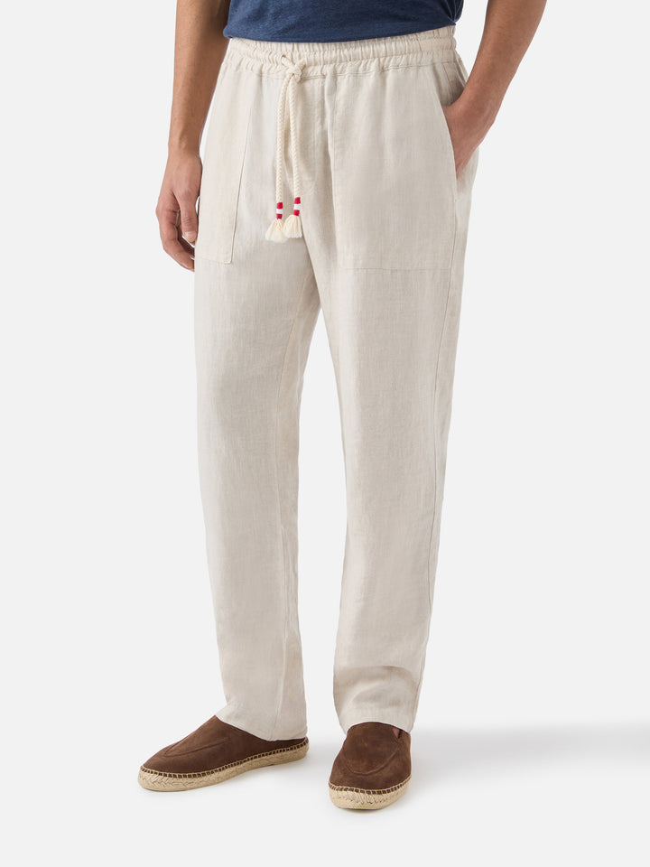 Man off-white linen Calais pants with drawstring