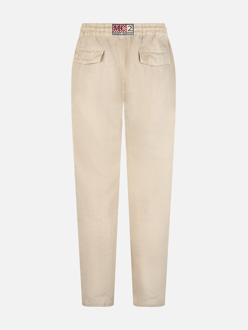 Man off-white linen Calais pants with drawstring