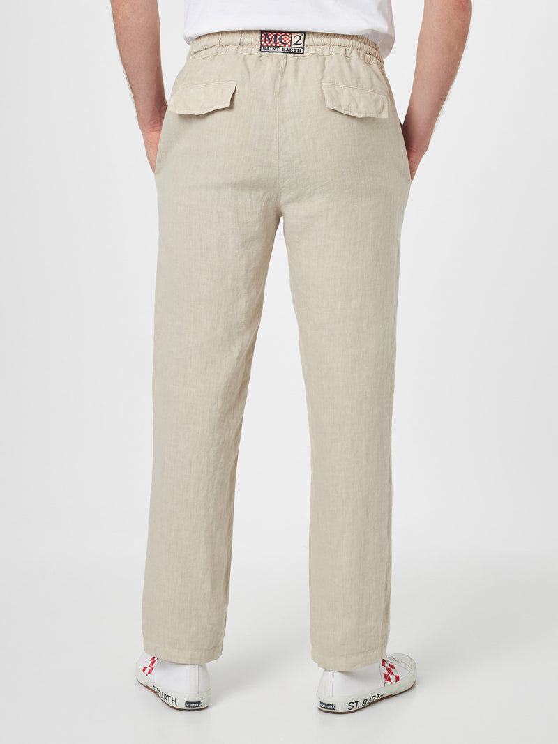 Man off-white linen Calais pants with drawstring