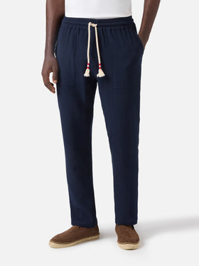 Pantalone Calais lungo in garza di puro cotone blu navy