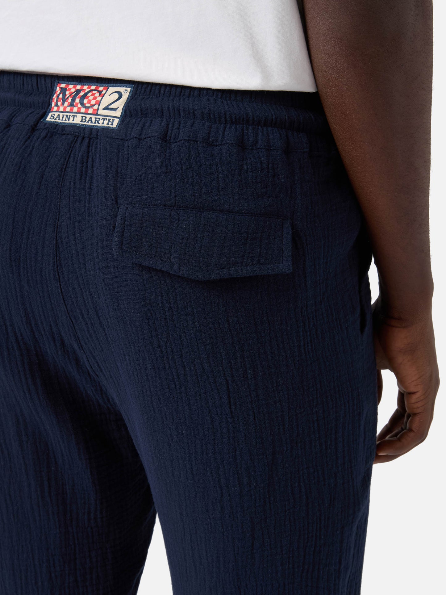 Pantalone Calais lungo in garza di puro cotone blu navy