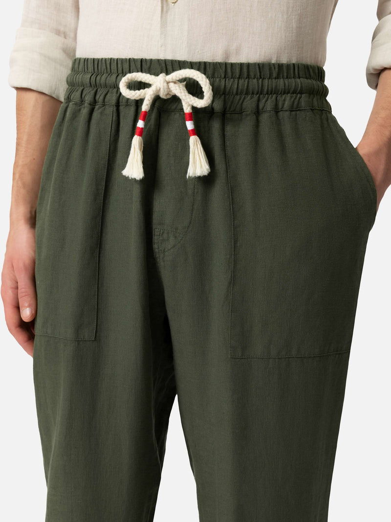 Military green linen pants Calais with drawstring