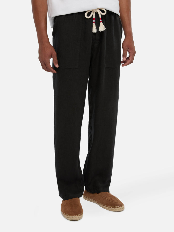 Pantaloni in lino neri Calais con coulisse