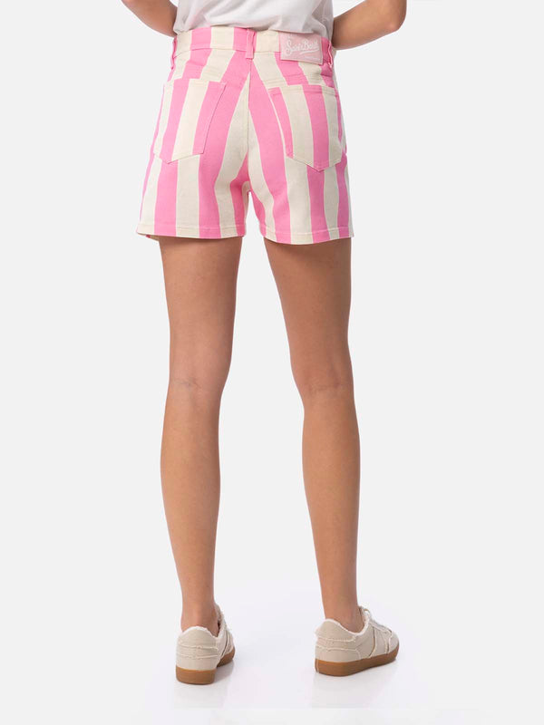 Woman pink striped print denim bermuda Cancun