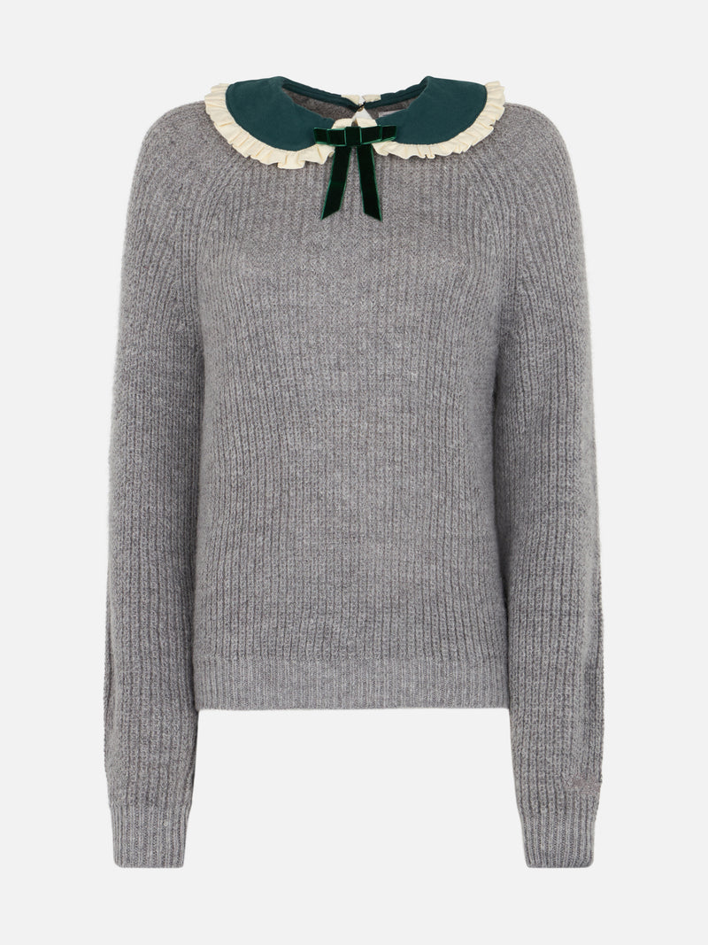 Woman grey ribbed sweater Calia with velvet collar and bow