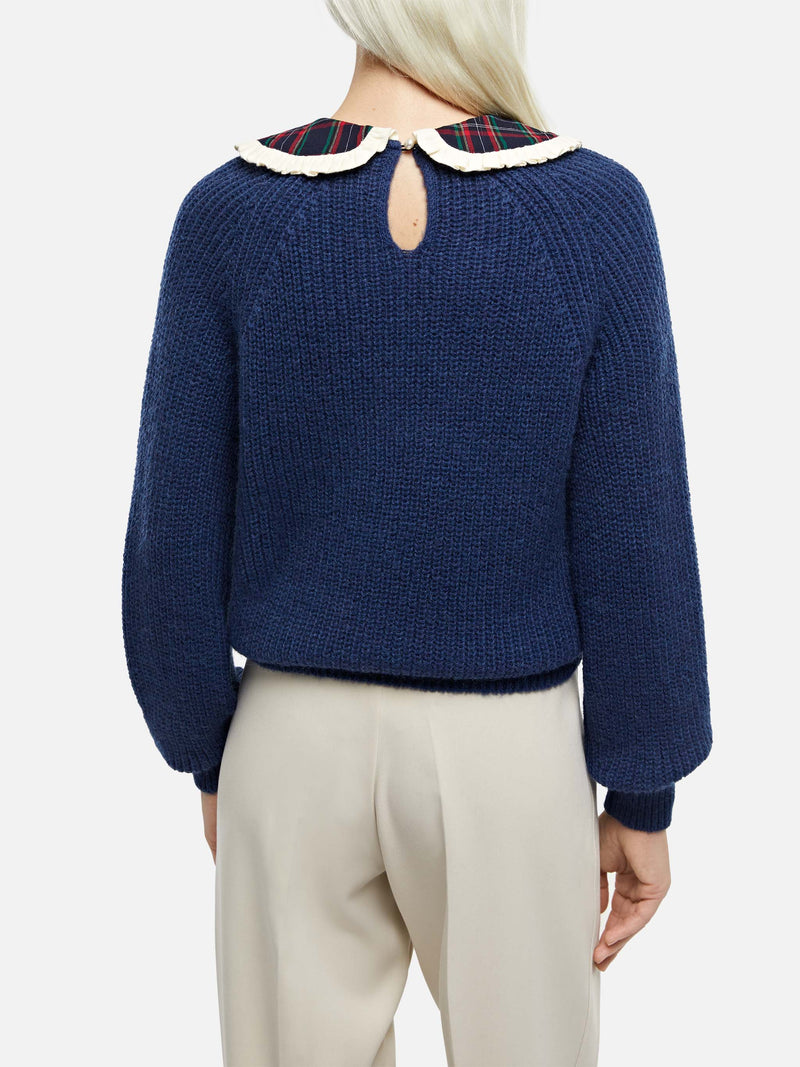 Marineblauer Rippenpullover Calia für Damen mit Schottenmusterkragen und Schleife