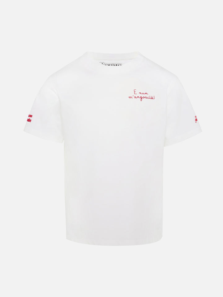 Cameron Warm winter cotton T-shirt in white with E nun m’angoscià embroidery | VACANZE DI NATALE SPECIAL EDITION