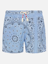 Mid-length swim-shorts Caprese with sky blue bandanna print