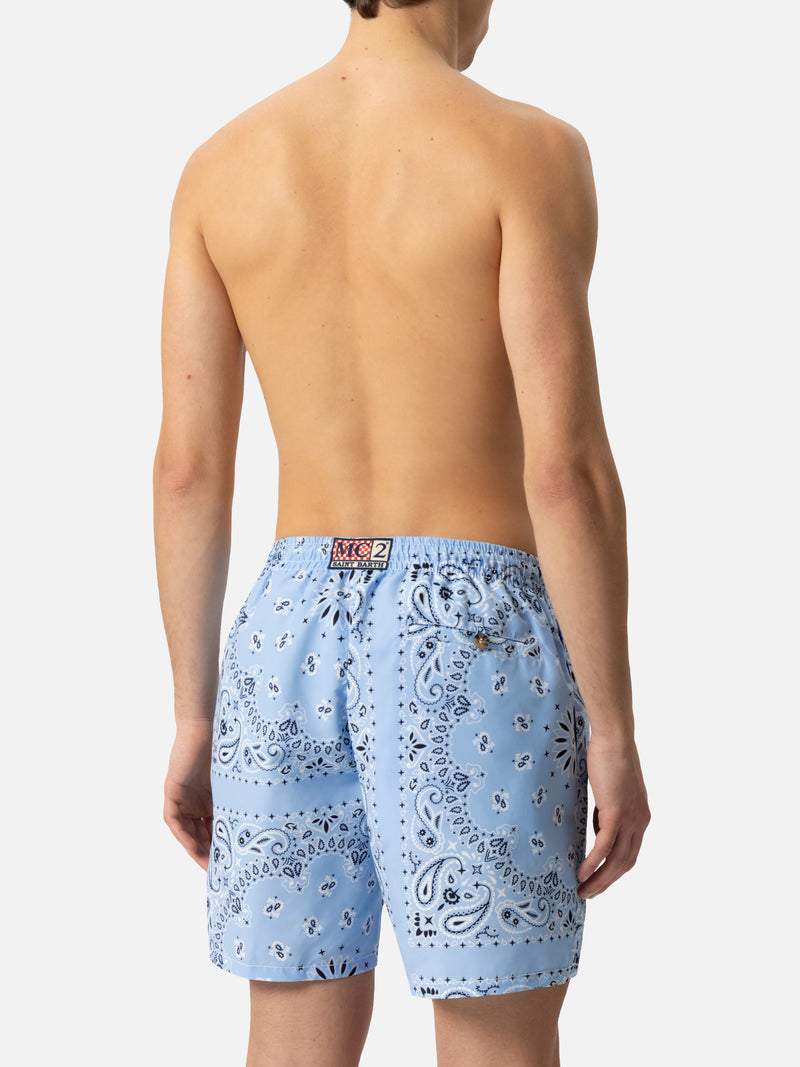 Mid-length swim-shorts Caprese with sky blue bandanna print