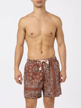 Man swim shorts with brown bandanna print