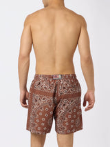 Man swim shorts with brown bandanna print