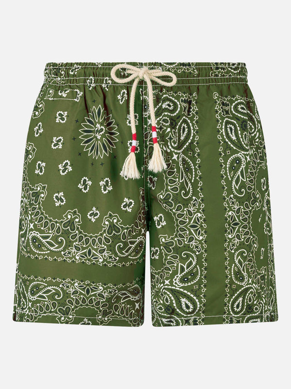 Man swim shorts with green bandanna print