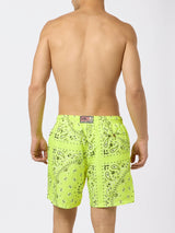 Man swim shorts with fluo yellow bandanna print