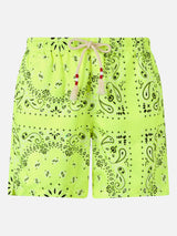 Man swim shorts with fluo yellow bandanna print