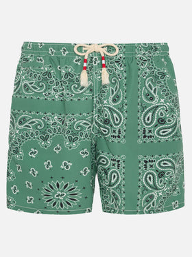 Costume mare lunghezza media Caprese con stampa bandana verde militare