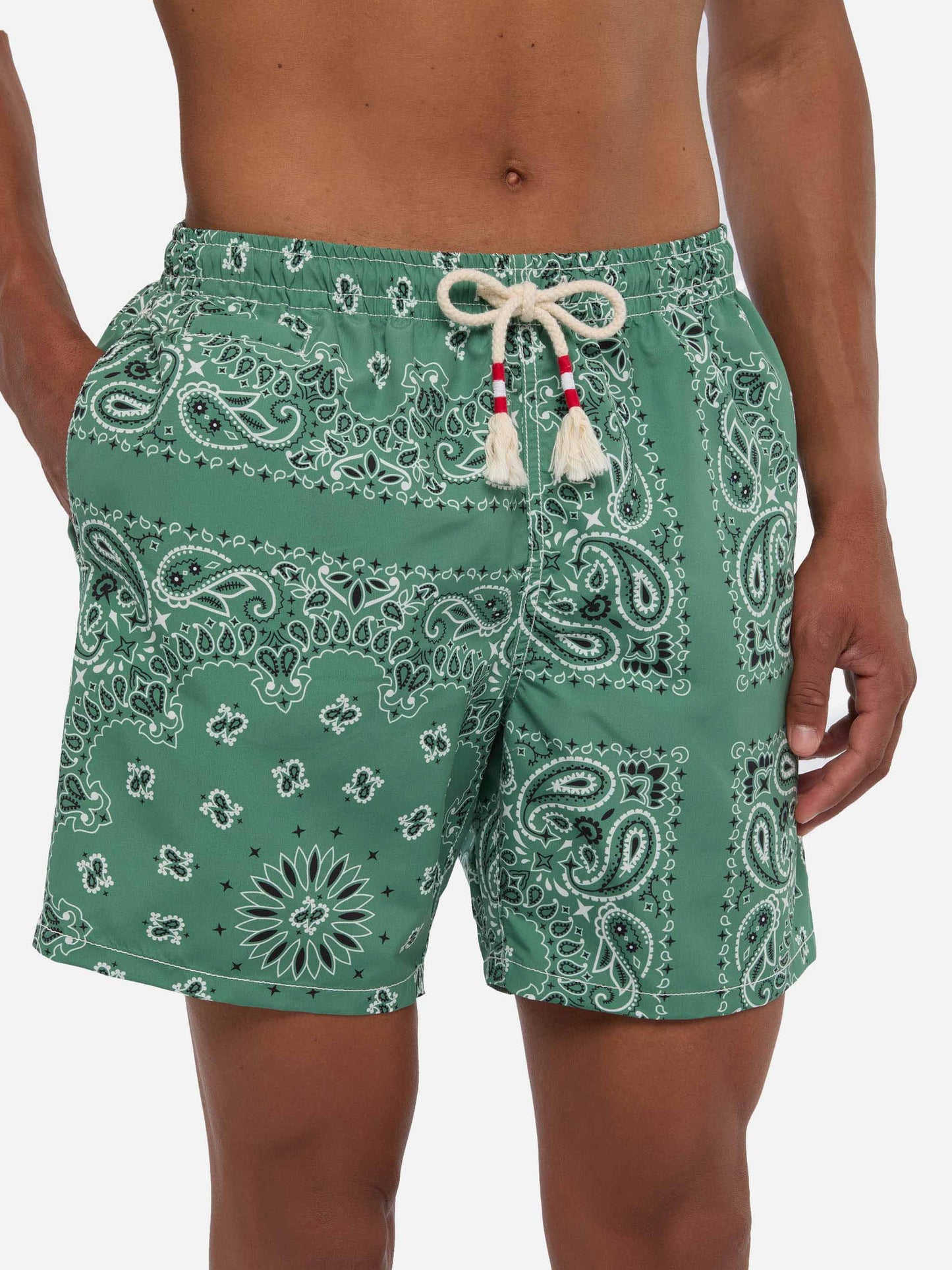 Costume mare lunghezza media Caprese con stampa bandana verde militare