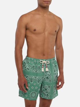 Costume mare lunghezza media Caprese con stampa bandana verde militare