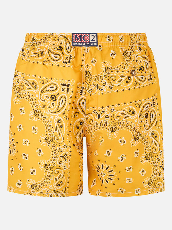 Man swim shorts with ochre bandanna print