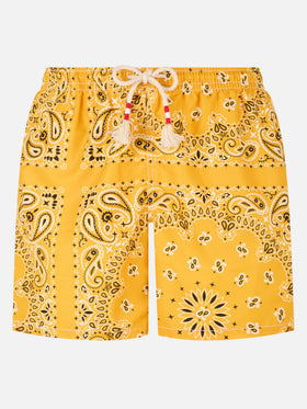 Man swim shorts with ochre bandanna print