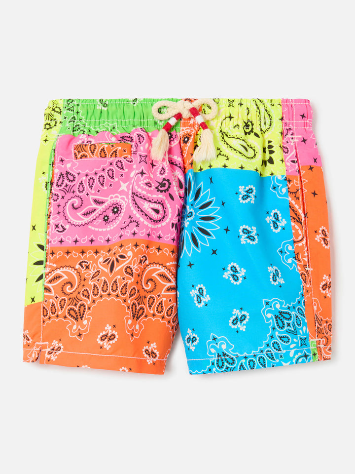 Caprese Jr Swim shorts with multicolor fluo bandana print